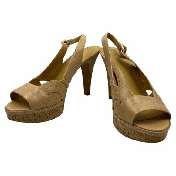 Nine West Women's Presidayo Beige Slingback Leather Cork Platform Heels US 10.5M - Picture 3 of 12